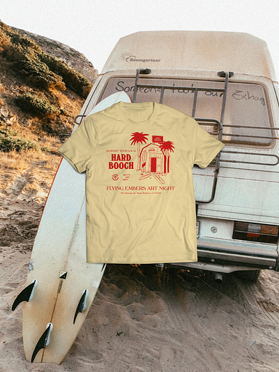 Flying Embers Art Night art night booch shack brand california design event flying embers hand drawn hard kombucha illustration logo screenprinting shirt shirt design surf shack surfboard texture tshirt tshirt design type