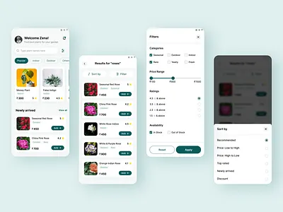 Garden Store App app design components design filters flowers garden app green light theme list view plant app sort ui ui design uiux visual design