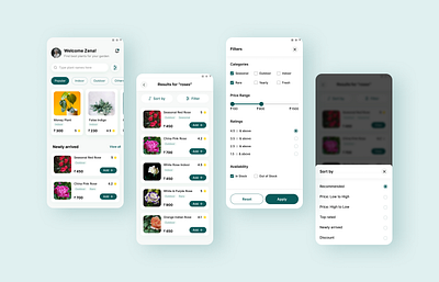 Garden Store App app design components design filters flowers garden app green light theme list view plant app sort ui ui design uiux visual design