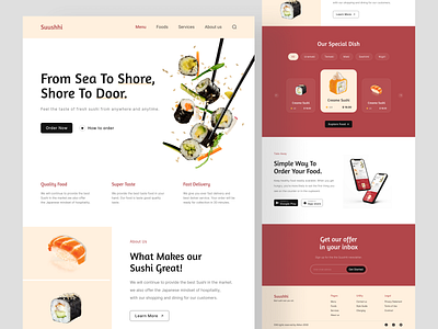 Suushhi - Japanese Food Landing Page Design aesthete website desing colorful website design dashboard design food app design interface design japanese food website design landing page design minimal landing page design minimal ui design minimal website design portfolio design retro website design simple ui design sushi landing page design ui uiux vintage website design