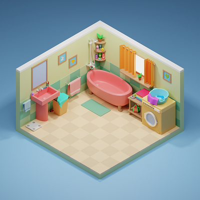 Cute Bathroom 3d bathroom blender blender3d cycles cyclesrender illustration interior interior design isometric isometricroom room