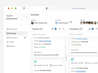 Apollo Dashboard activities analytics appointment clinic dark and light mode dashboard graphs health healthcare hospital medical dashboard minimal patients patients records product design reviews sass statistics surgeries ui