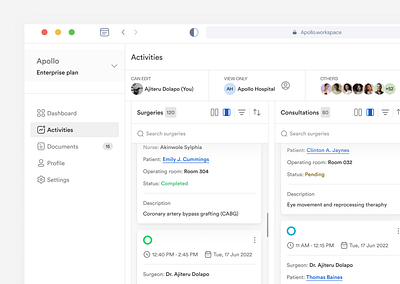 Apollo Dashboard activities analytics appointment clinic dark and light mode dashboard graphs health healthcare hospital medical dashboard minimal patients patients records product design reviews sass statistics surgeries ui