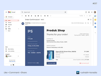 Daily UI 017 - Email Receipt branding dailyui dailyui challenge dailyui day 17 day 17 daily ui design design inspiration email receipt gmail receipt ui design gmail ui illustration receipt rushabh koradia rushabh ui ui ui design ui inspiration ux rushabh web ui web ui design