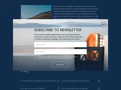 Daily UI 016: Pop-Up. daily ui 016 dailyui excursion greece input main page newsletter outdoor pop up pop up privacy private policy subscribe summer tour travel agency ui vacation web design website