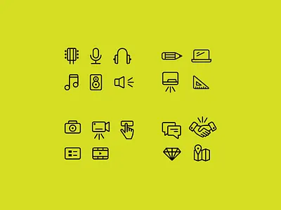 JRNYMN icon family. camera computer dayton design diamond gem graphic design guitar handshake headphone icon icon design icons illustration map microphone monoline music pencil speaker