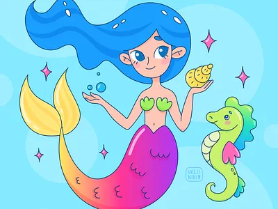 Mermaid character, kids doodle illustration, girl in the sea art artist cartoon character childish children design doodle girl girly illustration kid kids mermaid sea seahorse