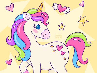 Unicorn character illustration, girly doodle art animal art artist cartoon character childich childish children concept design doodle girl girly heart illustration kid kids star unicorn yellow