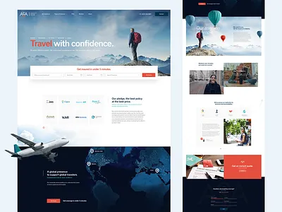 Travel Insurance blue clean destinations hot air balloon insurance mountains navy orange plane sans serif scenery travel travel insurance ui user experience user interface design ux web design website
