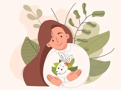 A girl hugs a rabbit bunny careful eco hugs illustration vector woman