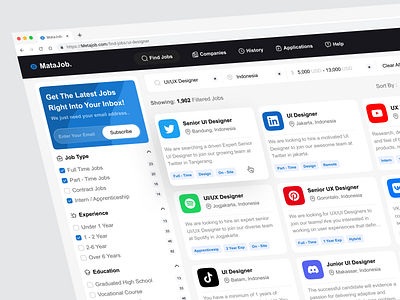 MataJob - Job Finder Dashboard View card career dashboard dashboard web employer hiring job finder job hunt job listing job portal platform recruitment saas search bar ui ux web work finder