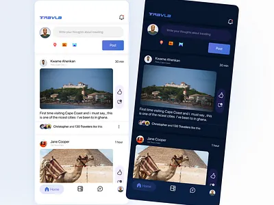 Travla Social media App | light & Dark mode 100dailyui appdesign dailyui darkmode design figma homepage minimal socialmedia socialmediaapp travel travelagency traveler ui uidesign uiux ux uxdesign