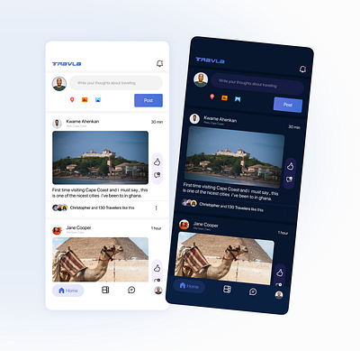 Travla Social media App | light & Dark mode 100dailyui appdesign dailyui darkmode design figma homepage minimal socialmedia socialmediaapp travel travelagency traveler ui uidesign uiux ux uxdesign