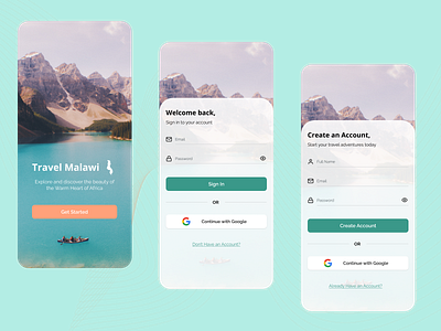 Travel Malawi - Log In/Sign Up explore inspiration log in mobile app mobile design onboarding registration sign up travel trending ui uiux