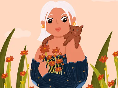 Flower Girl 2d animal cat character flower fun with faces garden girl illustration portrait illustration
