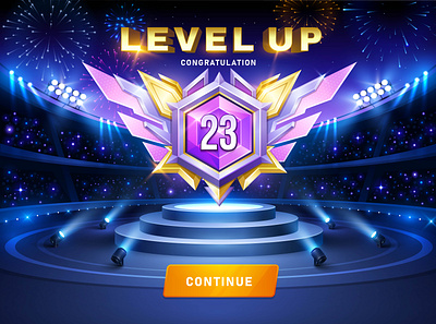 Level up game screen audience award fireworks game game gui game ui level level up light medal night sky podium realistic reward spotlight stadium stage station ui vector