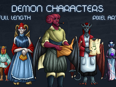 Demon Characters Full-Length Pixel Art 2d art asset assets character demon demons devil fantasy game game assets gamedev indie indie game npc pixel pixelart pixelated rpg set