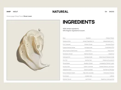 Ingredients cosmetic. cosmecic ecommerce ui ux