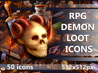 RPG Demon Loot Icons 2d art asset assets demon demons fantasy game game assets gamedev icon icone icons indie indie game mmo mmorpg rpg set