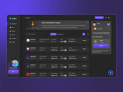 DeFi project Calypso. Staking dashboard animation bank bitcoin blockchain clean crypto dashboard defi finance fintech interface listing motion send tech ui ux wallet web 3.0 website design