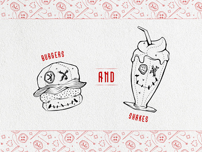 Voodoo Burger Joint adobe black and white branding branding illustration colours corporate branding corporate identity graphicdesign illustration illustrator ink drawing logo logo illustration milkshake illustration pattern design pen drawing simplicity vector drawing visual art visual design