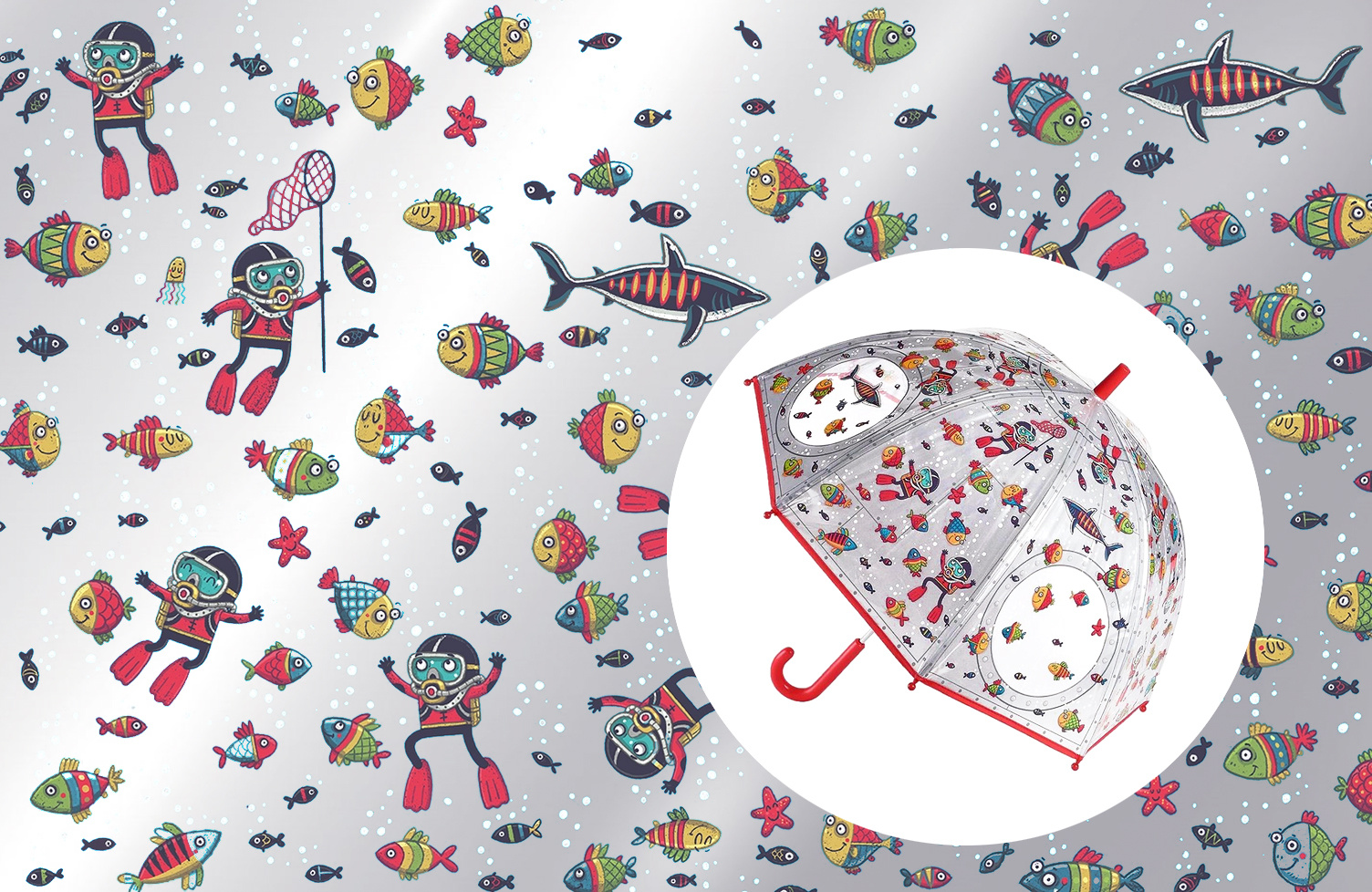 KIDS UMBRELLA character divers fish fun illustrated illustration scuba shark stevesimpson submarine swim umbrella under water