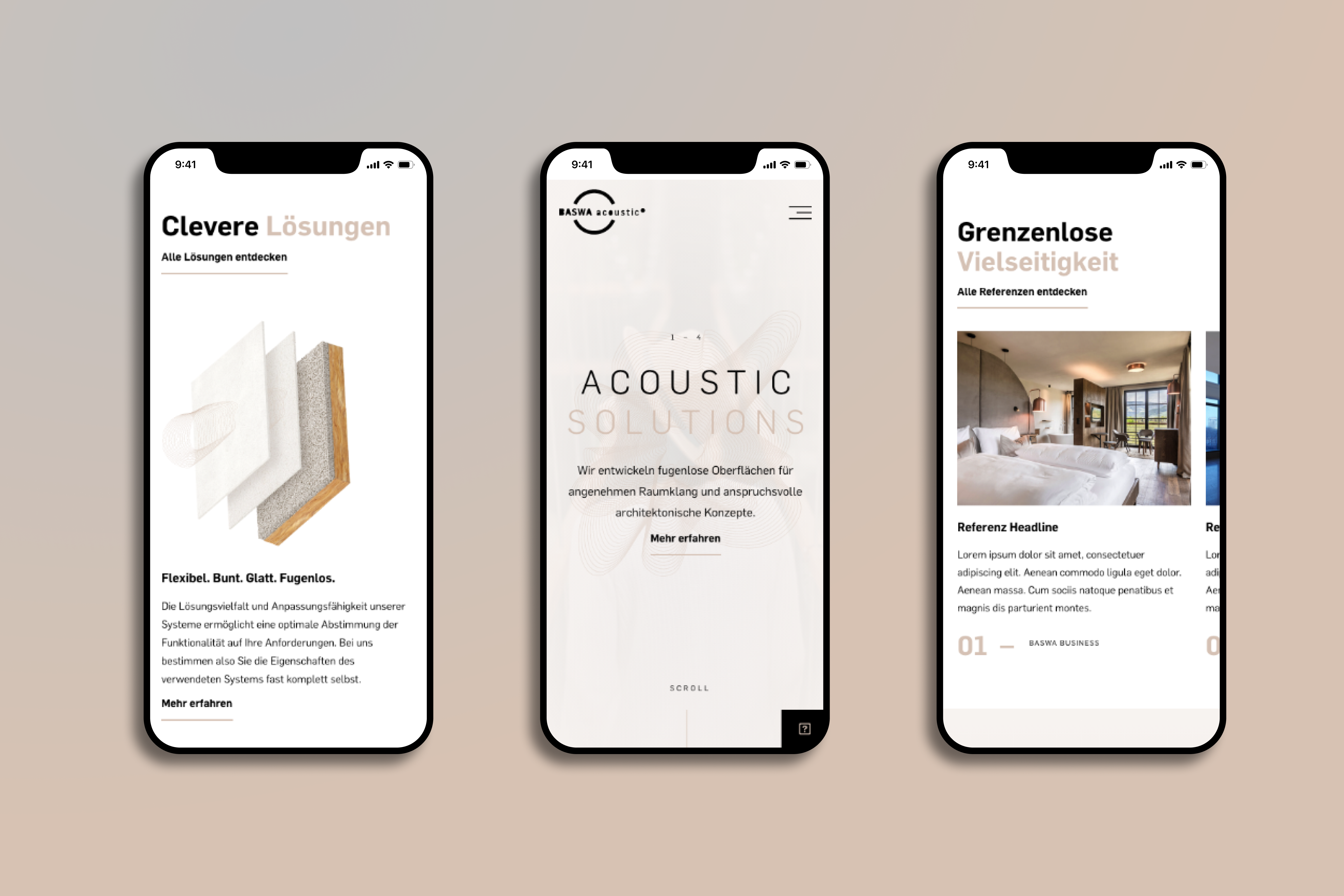 Conversion optimized website for BASWA Acoustic acoustics architecture b2b b2c beige beige design branding cms interior design minimalistic natural colors ui user experience user interface design ux web design web development web engineering wordpress