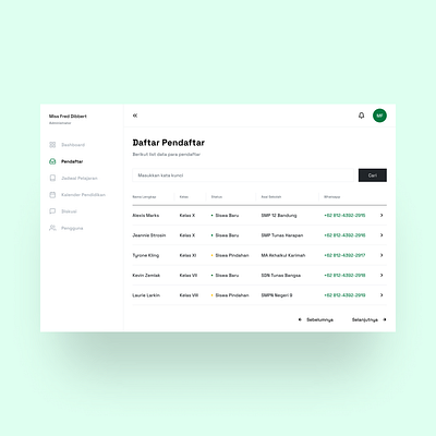 School Registration - Web App admin enrollment inbox registrant school school enrollment school register table ui