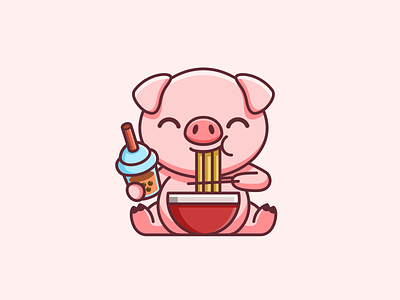 Pig Eating adorable boba tea bowl character cuisine cute drink eat eating fat food happy illustration mascot noodle pig piggy piglet pink ramen