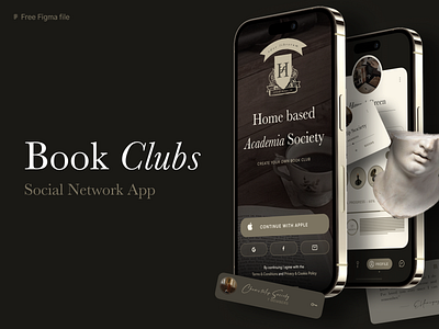 Book Clubs Social Network App + freebie academia app blur book community dark theme feed free freebie inspiration mobile modern nerd profile simple social network study ui