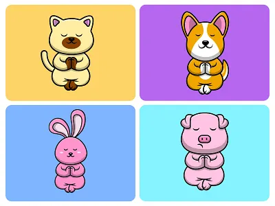 Cute Animal Meditating cartoon cat corgi design dog flat health illustration logo mascot meditating pig pose rabbit sport vector yoga zen
