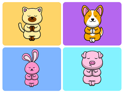 Cute Animal Meditating cartoon cat corgi design dog flat health illustration logo mascot meditating pig pose rabbit sport vector yoga zen