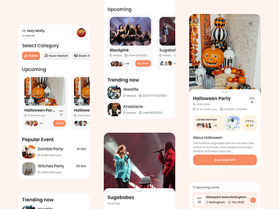 Events UI App (we are available for hire) app autum book buy celebrate concert design events festival halloween hollyday october ticket ui ux