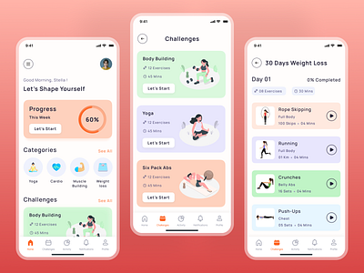 Fitness Workout App - Gym training app app app design body body building cardio clean ui design exercise fitness gym minimal mobile app mobile app design muscle running trainer uiux weight loss workout yoga