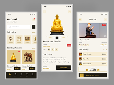 Online Auction mobile app - Jewellery, Antiques, Arts antiques app app design artwork auction bidding bids clean ui collectibles collection design jewellery live bidding minimal mobile app mobile app design museum online online auction uiux
