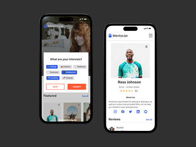 Interests and mentor screens for MentorJar actor android app apple application blue design figma interests ios mentor mobile profile profile view ui ux webapp
