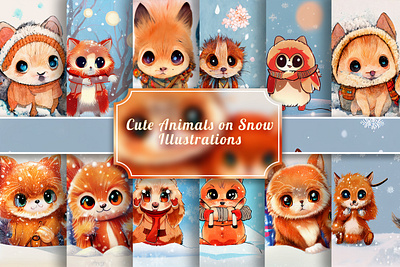 Cute Animals on Snow Illustrations design digital paper graphic design illustration vector wallpaper