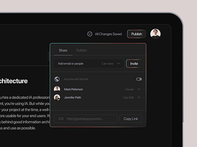 GodotApp - Sharing Options app collaboration dark theme dashboard design gradient ios layout minimal modal publish publishing sharing sharing options text editor ui users ux