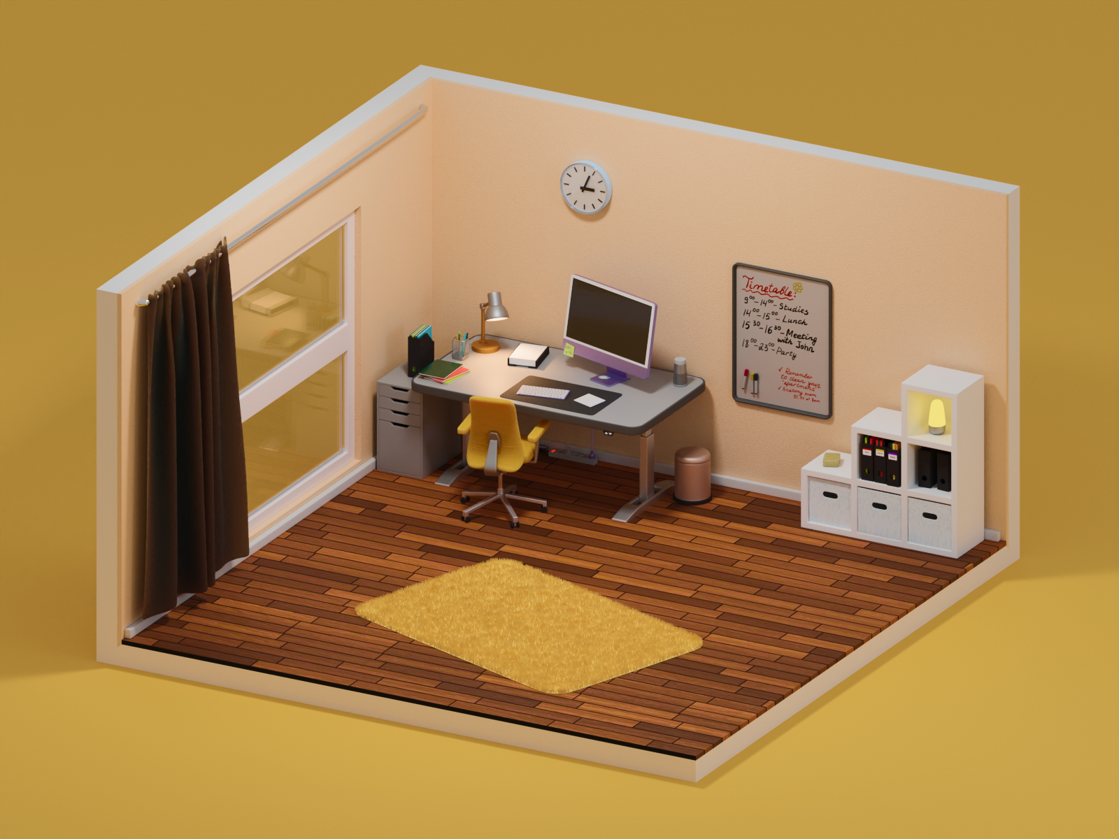 Student Apartments - 3D Illustration 3d 3d isometric apartment b3d blender blender3d desk desk setup home office illustration isometric low poly render room setup student