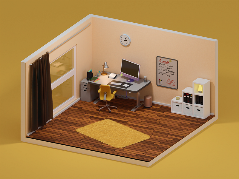 Student Apartments - 3D Illustration 3d 3d isometric apartment b3d blender blender3d desk desk setup home office illustration isometric low poly render room setup student