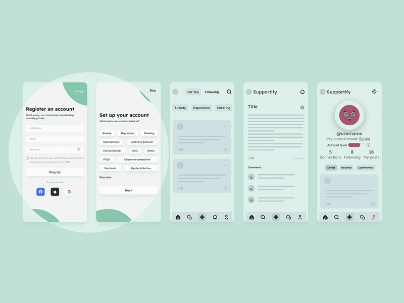 Mobile Mental Health App Wireframing animation app app design case study design figma gif mental health mobile app design prototype ui uiux ux wireframing