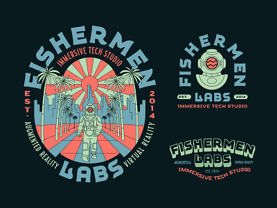 Fishermen Labs apparel augmented reality badges branding design diver geometric graphic design illustration line lineart logo minimal monoline palm studio merch sun t shirt typography virtual reality