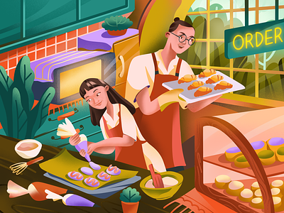 Bakery Shop Illustration 2d bakery bakeryshop bread brush character illustration design digital illustration food full color graphic design illustration kitchen procreate store