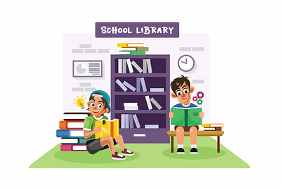 Kids Reading Books in a School Library Vector Illustration bookcase