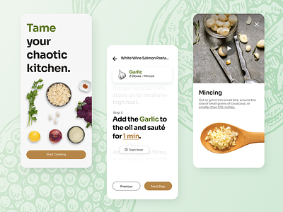 Tame Your Chaotic Kitchen anxiety cooking design dice garlic graphic green interface kitchen mince minimal mockup ui ux