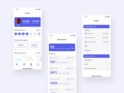 English app app branding design english english app information language languages learning level logo mobile app profile profile information progress studying ui ux