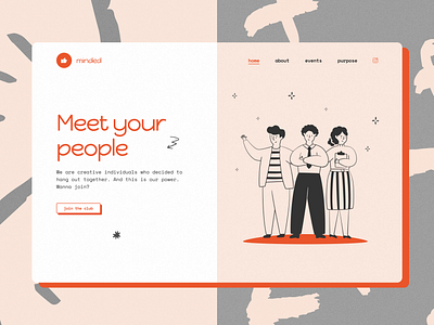 Creative Social Club –– 'Like Minded' branding community creative club creative people daily ui home screen concept illustration landing page logo networking orange social club ui web design