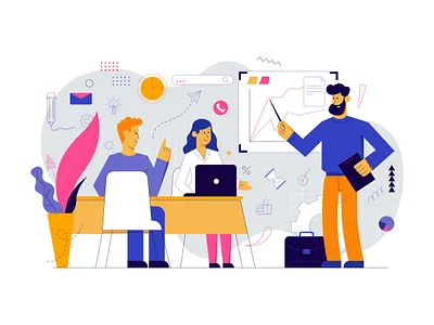 Corporate meeting art brainstorm business character conference cute design flat illustration office people plan talk vector work