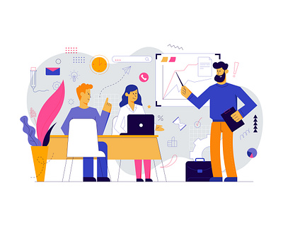 Corporate meeting art brainstorm business character conference cute design flat illustration office people plan talk vector work