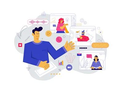 Video conference art call character conference cute design flat freelancer home illustration meeting online people talk vector video web work zoom